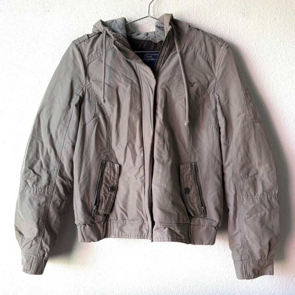American Eagle y2k Khaki Gray Hooded Bomber Jacket Coat Small